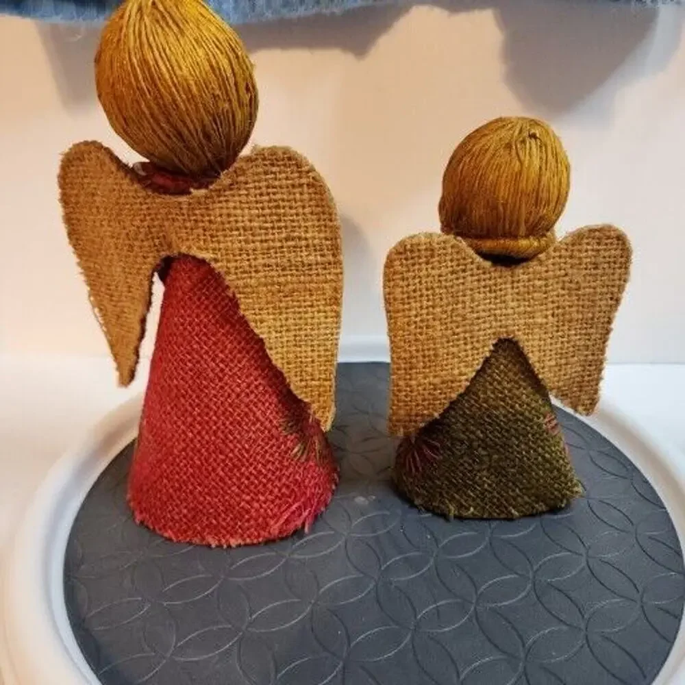 VTG Christmas Angel Tree Toppers Pair Burlap Cone Primitive MCM 6in 8in